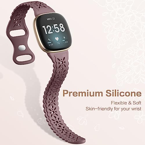 Dirrelo 4 pack Lace Silicone Band Compatible for Fitbit Sense Bands/Fitbit Versa 3 Bands Women/Fitbit Versa 4 Bands/Sense 2 Bands, Soft Ultrathin Hollow-out Sport Watch Strap Replacement Wristbands