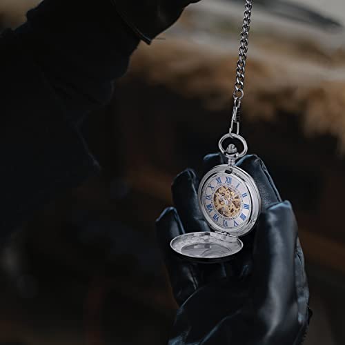 Manchda HBH069-021 Mechanical Pocket Watch, For Men Women Special Magnifier Half Hunter Double Open Engraved Case Roman Numerals With Chain + Box Silver thumb #4