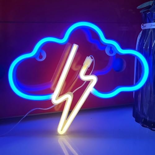 Neon Sign Lights, USB or Battery Powered LED Neon Signs for Wall Decor, Table Lamps, Bedroom, Children's Room, Gaming Room, Parties, and Business Premises Decoration (Blue Cloud Yellow Lightning)