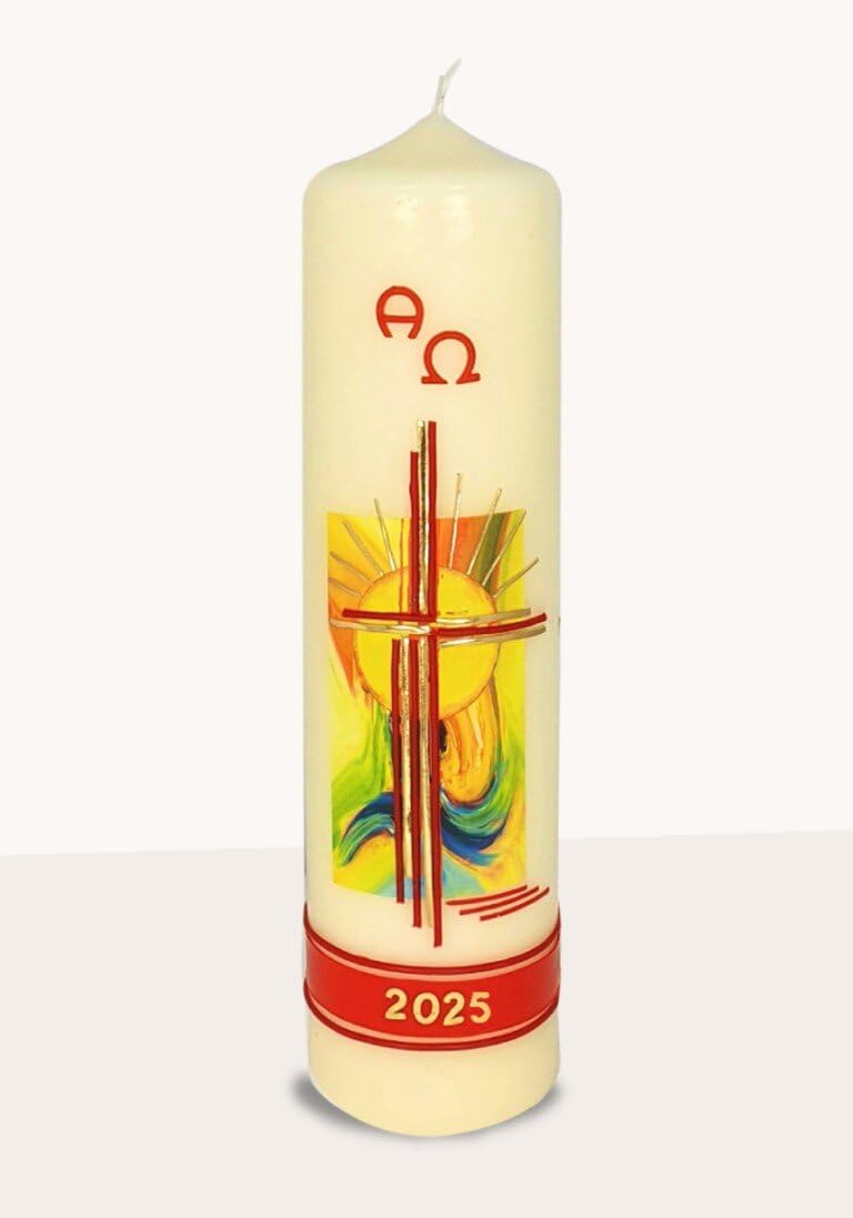 Osterkerze bunt, Kreuz Gold, Abschlussband A und O, JZ 270 x Ø 70 mm