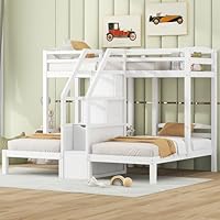 Harper & Bright Designs Heavy Duty Triple Bunk Bed, Twin Over Twin & Twin Bunk Bed with Storage Stair, Wooden 3 Bunk Beds for Kids Teens, No Box Spring Needed, White