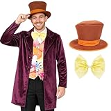 Costume de patron pour adulte Chocolate Factory - Taille S - Manteau violet, gilet imprimé bonbons, chapeau haut de forme marron, nœud papillon doré - Déguisement pour homme - Journée mondiale du