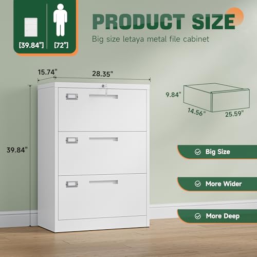 Image of Letaya 3 Drawer File Cabinets with Lock,Metal Lateral Filing Storage Cabinet Printer Stand,White Steel Home Office Cabinet for Hanging Files Letter /Legal /A4 Size (White, H39.84xW28.35xD15.74)
