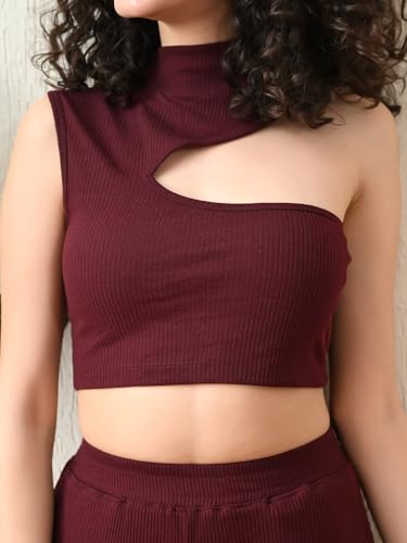 Image of Maroon Asymmetric Ribbed Co-ord Set
