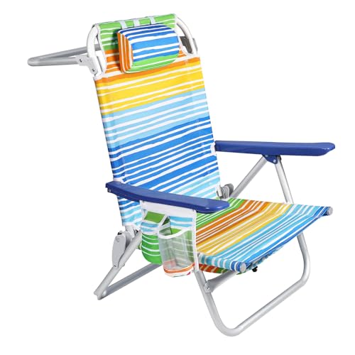 OFIKA Backpack Beach Chairs for Adults, Folding Beach Chairs with 5 Adjustable Positions,Camping Chairs with Headrest,Towel Rack and Cup Holder,Supports up to 300lbs (Colorful, 1 Pack)