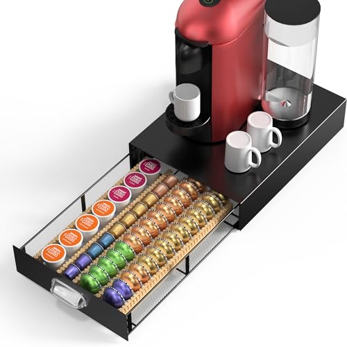 KES Adjustable Metal Coffee Pod Holder Drawer Fit All Pods Size, Heavy Duty Coffee Pod Organizer for Nespresso Vertuo, K-cup, Nespresso Origin Capsules, 40/52Pcs Capacity, Matte Black, KCPH502-BK