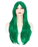 Luxiremi Verde oscuro larga de color negro natural con flequillo de 28 pulgadas ondulado rizado sintético para mujeres, cosplay, fiesta, carnaval
