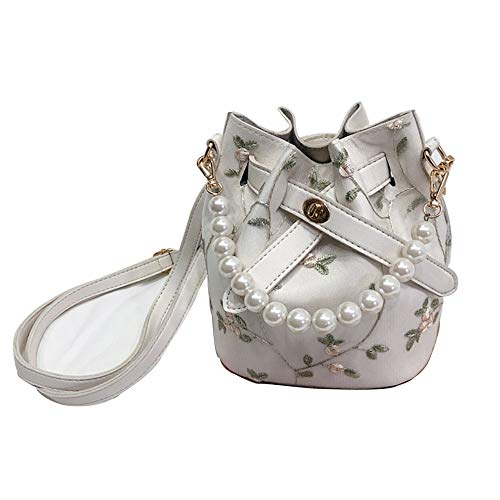 LifeUp Sac à main Femmes Mode Sac à bandoulière chaîne Sac de seau Sac de broderie français frais avec belles perles imperméable en PU (Blanc) Cover