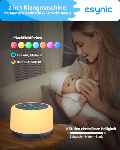 eSynic White Noise Machine Baby Weißes Rauschen Einschlafhilfe LED Stilllicht mit 30 Klänge & 7 Farben Nachtlicht Timer Speicher für Baby Kinder Erwachsene Zuhause Büro