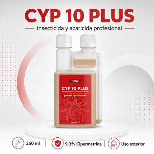 Miniatura 2 de Remi Hogar Insecticida Concentrado Cyp 10 Plus 9,3 Cipermetrina Cucarachas, Hormigas, Mosquitos, Arañas, Pulgas, Garrapatas Ácaro Rojo Insectos Voladores Y Rastreros Uso Exterior 250 Ml