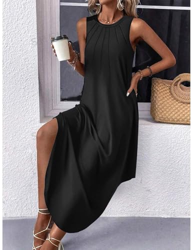 Image of Zeagoo Women Floral Summer Casual Beach Printed Tank Dress with Pockets Pleated Front Long Dress