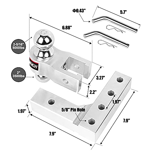 Adjustable Trailer Hitches Ball Mount 6" Drop Hitch With 2"3500Lbs &2-5/16"5000Lbs Towing Hitch Ball W/Forged Aluminum Shank With Double Pin (Silver) #TOP3