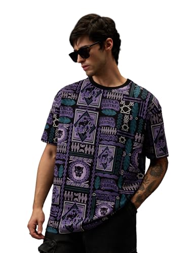 Image of The Souled Store Official Black Panther: Wakanda Tribe Men and Boys Short Sleeves Round Neck Black All Over Printed Cotton Oversized T-Shirts