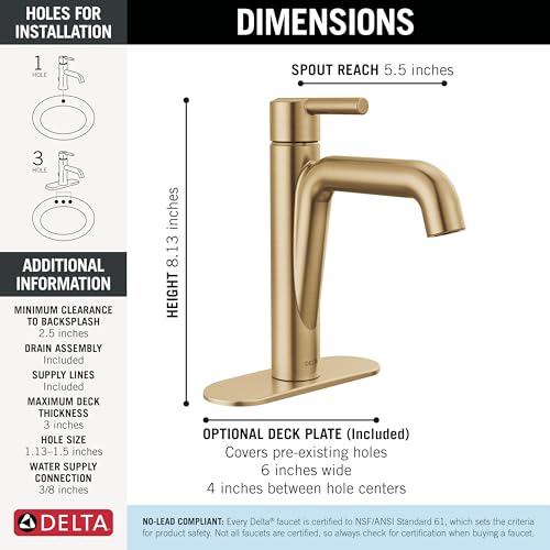 Delta Faucet Nicoli Gold Bathroom Faucet, Single Hole Bathroom Sink Faucet, Single Handle Bathroom Faucet, Pop-Up Drain Assembly, Champagne Bronze 15849LF-CZ by DELTA - Image 5