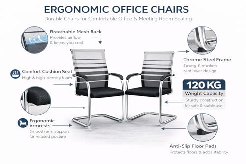 Image of TOBY Mesh Office Visitor /Guest Chair Set of 2 with Chrome Cantilever Frame, Breathable Backrest, Padded Seat Cushion, Ergonomic Armrests, Reception, Conference & Meeting Room Chairs (DIY Product)