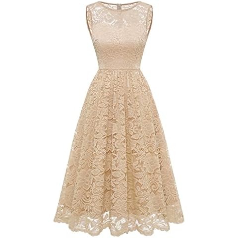 Vintage Floral Lace Bridesmaid Dresses for Wedding Guest Women's Cocktail Dresses Midi Swing Tea Party Dress, Champagne, X-Large Cover