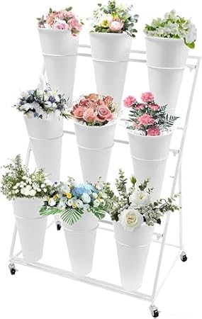 Plant Stand—Heavy Duty Wrought Iron Flower Display Stand, 2 Tier with Plastic Buckets and Wheels, for Garden Courtyard（3 Tier 9 White Bucket） image 2