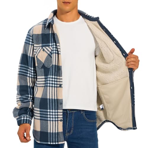 Image of HODOSPORTS Mens Flannel Shirts Jacket Fleece Sherpa Lined Heavyweight Button Down Plaid Shirts Coat Long Sleeve with Pockets