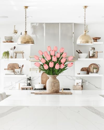 Image of 20 Pcs Baby Pink Tulips Artificial Flowers Real Touch Fake Tulips Fake Flowers for Mother's Day 13.5 inch Faux Tulips Faux Flowers Bulk Artificial Tulips Flowers for Vase Centerpieces Home Wedding Bouquet