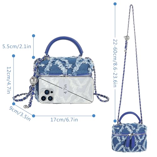 Image of Women Denim Mini Bucket Shoulder Crossbody Bag Drawstring Quilted Distressed Tassel Barrel Shape Satchel Purse
