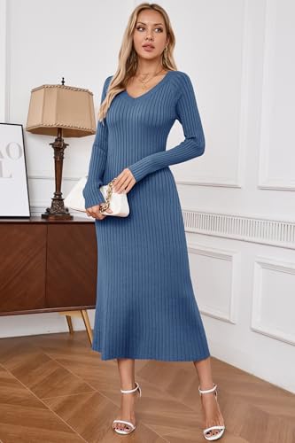 Image of Arach&Cloz 2025 Spring Womens V Neck Long Sleeve Fishtail Sweater Dress Ribbed Knit Slim Fit Bodycon Midi Dress