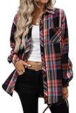 CHYRII Womens Oversized Flannel Shirts Button Down Long Sleeve Plaid Shirt Business Casual Blouse Top Black XL