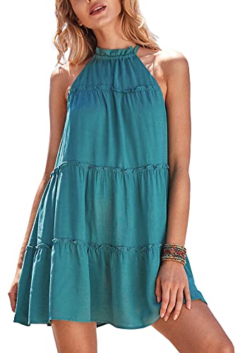 Cupshe Women's Midi Dress High Neck Halter Ruffle Tiers Sleeveless Cover Up, L Teal #TOP26