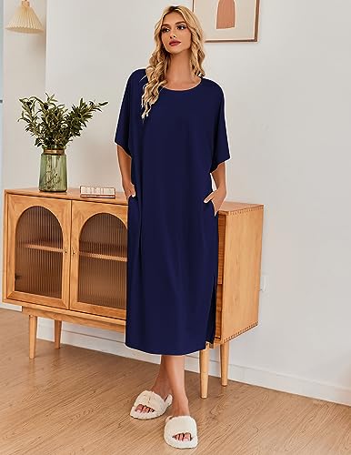 Image of Ekouaer Women's Nightgown Short Sleeve Sleepshirt Long Loungewear Casual Maxi Lounge Dress House Dresses with Pockets