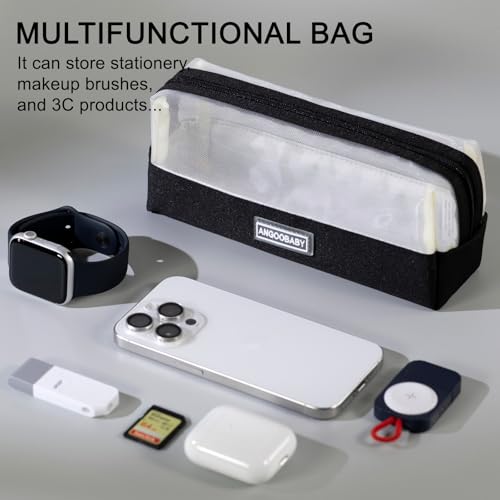 Image of ANGOOBABY Mesh Pencil Bag Clear pencil case Zipper Pouch Bags Multifunctional Pencil Holder for Students, Small Makeup Bag Suitable for Teen Girls & Boys (Black)