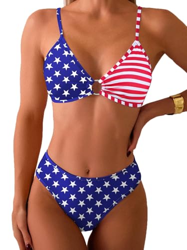 Image of Fanuerg Women's Triangle Bikini Sets O Ring Linked Two Piece Swimsuits Floral Printed Cheeky Bathing Suit