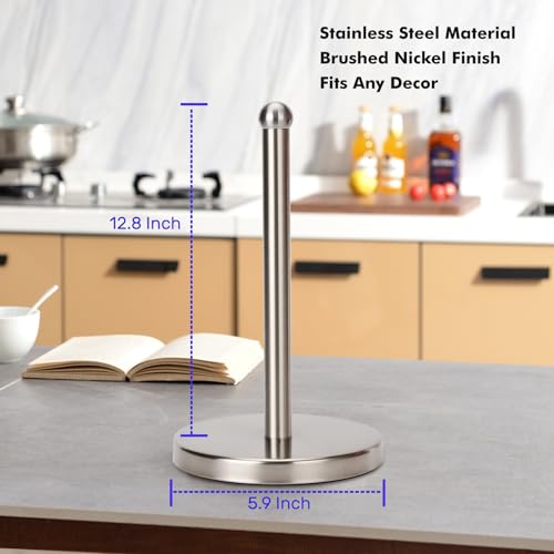 Paper Towel Holder Stand with Sturdy Base Fits Standard and Jumbo Sized Paper Towel, Paper Towel Holder Countertop (Brushed Nickel)