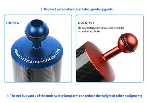 FEICHAO D60 mm Tauch Schwimmer Wasserlampe, Arm 108 g – 584 g 2,5 cm Doppelball 5/8/10/12 Zoll Unterwasserkamer (20,3 cm – 312 g, rot)