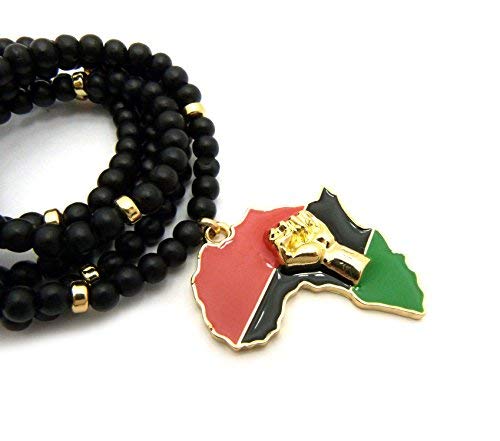 Fist Power in Pan African Colored Africa Map Pendant 6mm 30 inches Wooden Bead Necklace3