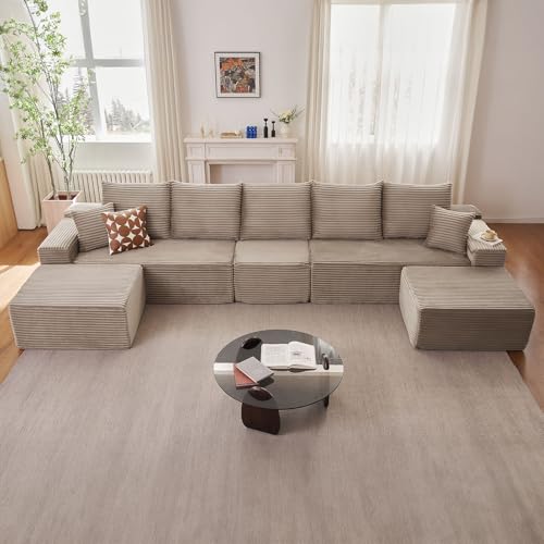 Image of 167.7 inch Sectional Cloud Couch for Living Room, Stupendous U Shaped Sofas, Modular Floor Deep-Seat Sofa, Big Comfy Corduroy Couches Set with Fluffy Memory Foam, No Assembly Required, Camel