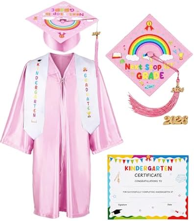 Vivrerizo Kindergarten Graduation Cap and Gown - Pink Cap and Gown Kindergarten with Stole and Certificate for Kids 2026 Preschool Graduation Outfit