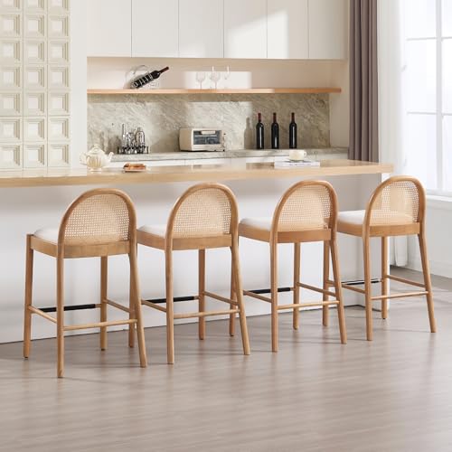 Set de 4 Bancos de Barra CIMOTA Rattan, 29 Pulgadas de Altura, Asiento de Lino Beige con Estructura de Madera Retro miniatura 1