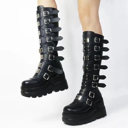 Women Goth Platform Knee High Boots Wedge Punk Combat Mid Calf Boots - 4