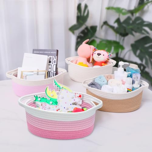 Image of ABenkle Small Basket with Handles, Boho Decorative Rope Woven Dog Cat Toy Storage Bin Shelf Storage Organizer, Easter Christmas Gift Basket, 12 inchx8 inchx5 inch