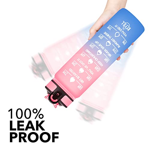 Image of HYETA 32 OZ Water Bottle with Times to Drink and Straw, Motivational Time Marker Water Bottles with Strap, Leakproof & BPA Free, 1 Liter Reusable Sports Water Bottle for Fitness, Gym & Outdoors, Pink-Blue
