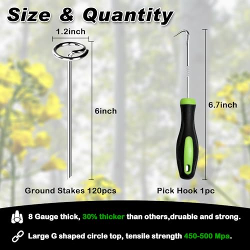 Image of FEED GARDEN Heavy Duty Landscape Fabric Pins 8 Gauge 120 Pack with Pick Hook, 6 Inch Galvanized Round Head Garden Stakes for Weed Barrier Fabric, Turf, Sod, Tent, Garden Edging & Hard Soil