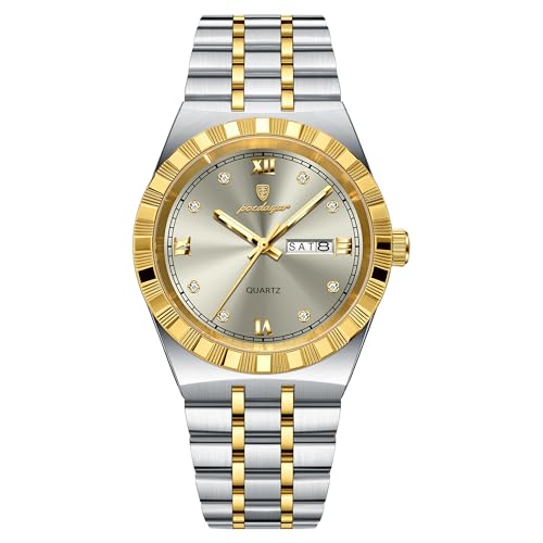 Poedagar Fashion Business Man Wristwatch Quartz Week Date Watch for Men Casual Waterproof Luminous Diamond Roman Numerals Dial Stainless Steel Men's Watches, Gold Grey