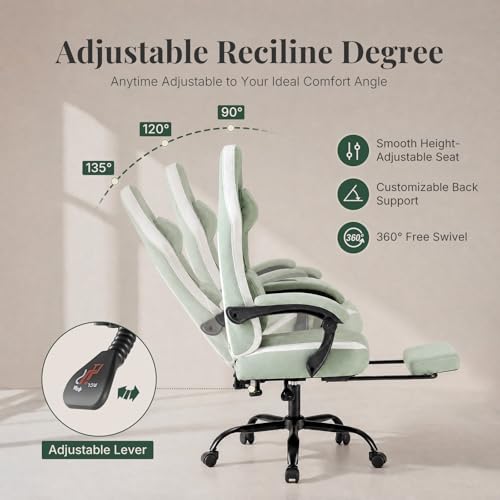 Image of Computer Gaming Chair - High Back Ergonomic Desk Chair with Footrest and Lumbar Support, Height Adjustable Task Chair with Linkage Armrests and Headrest, 360 Swivel Wheels, Green