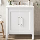 LIKIMIO 30' Bathroom Vanity with Sink, Freestanding Bathroom Vanity with 2 Soft-Close Doors, Engineered Stone Countertop with Undermount Ceramic Sink, Modern Bathroom Vanity, Easy Assembly, White