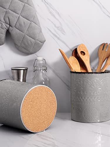 Dowan Utensil Holder, 7.2" Extra Large Kitchen Utensil Crock For Countertop, Farmhouse Ceramic Utensil Organizer, Anti Slip & Scratch Cork Mat, Grey Utensil Storage For Home Décor #TOP1
