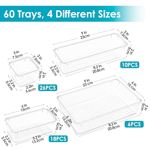 Vtopmart 60 PCS Drawer Organizer, 4-Size Clear Plastic Drawer Organizer Bins Containers for Bathroom and Vanity Storage, Home Organization for Makeup, Kitchen Utensils