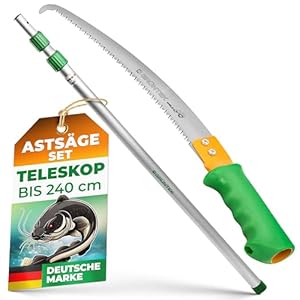 GRÜNTEK Teleskop Astsäge Set WELS, 2in1 Manueller Hochentaster & Handsäge, 240 cm Alu-Teleskopstange, 350 mm Carbonstahl Sägeblatt mit 3D Zahnung, passt zu Raupenschere Schwan Art-Nr 295.502.002