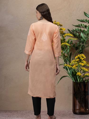 Image of Seva Chikan Hand Embroidered Lucknowi Chikankari Appricoat Peach Terivoil Cotton Kurta for Women SCL4603