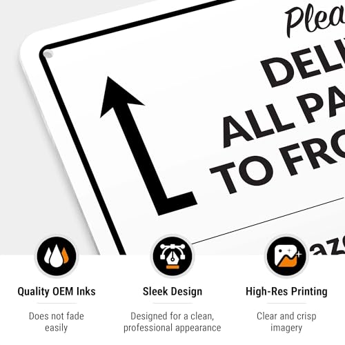 Image of Package Delivery Sign, Delivery Instructions Deliver All Package to Front Door Up Arrow Sign, 10x7 Inches, Rust Free .040 Aluminum, Fade Resistant, Made in USA