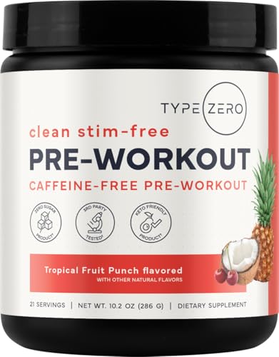 Type Zero Clean Stim Free Pre Workout Powder + Nitric Oxide Booster with L-Citrulline Malate, Arginine AKG, Beta Alanine - Caffeine & Stimulant Free - Tropical Fruit Punch Flavor, 21 Servings
