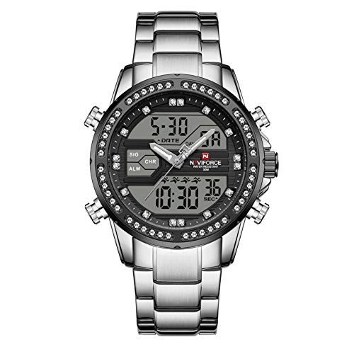 Adaskala NAVIFORCE Quartz Digital Eletrônico Masculino Relógio Dual Time Data Semana Display Backlig